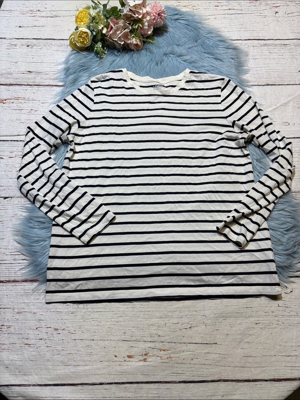 Lands' End White & Black Striped Long Sleeve Tee sz M